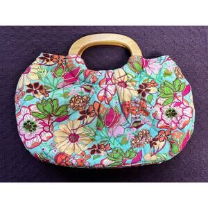 Vera Bradley Vintage Wood Handle Floral Puffy Satchel - Bali Blue Retired